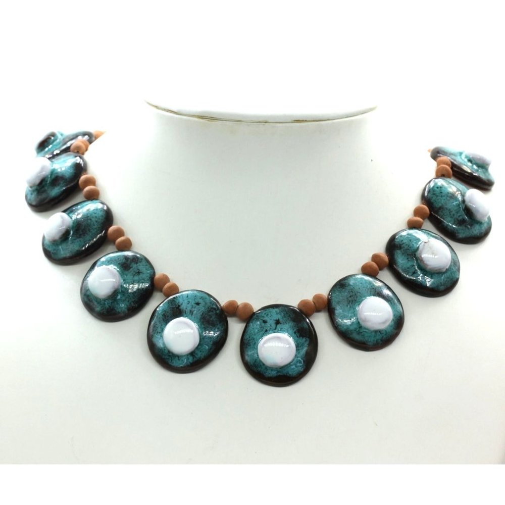 GREECE hand glaze pottery necklace turquoise blue white, VINTAGE brass clasp 18"